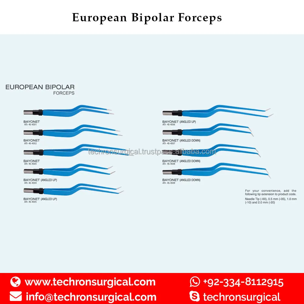 European Bayonet Angled Down Electro Insulated Bipolar Forceps 22cm Tip 1.5mm