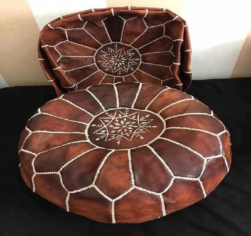 Moroccan Handmade Genuine Leather Embroidered Pouf