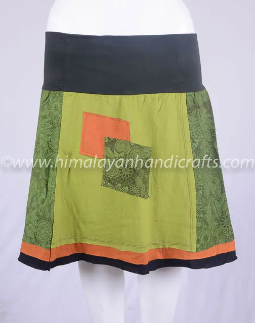 Avocado Green With Fur Green Plant Prints Cotton Patchwork Mini Skirt HHCS 109 J