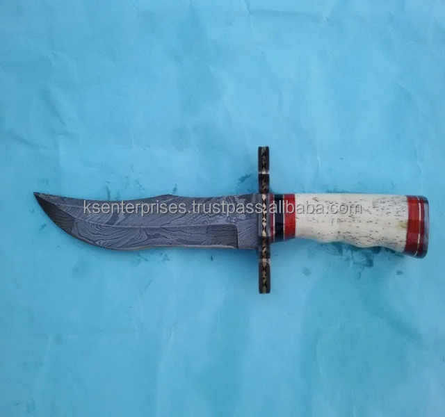 
Damascus Steel Handmade Custom Hunting Bowie Knife Bone Handle + Damascus Bolsters 