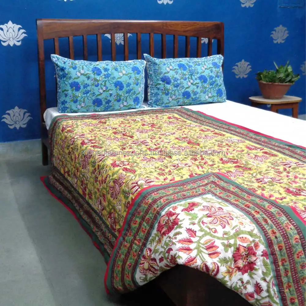Latest Stylished Factory Outlets Anarkali Lime Jaipur Handmade Pure Cotton Twin Quilt For Sale At Cheap Price