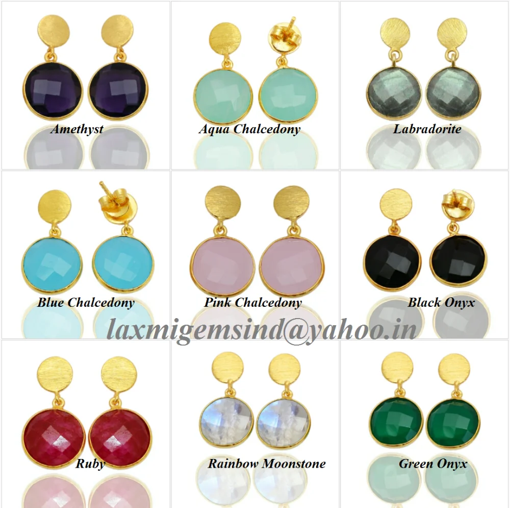 925 Sterling Silver 14K Gold Plated Color Black onyx Gemstone Drop Earrings