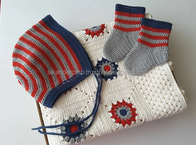 
Crochet Handmade Baby Blanket with matching cap and socks 