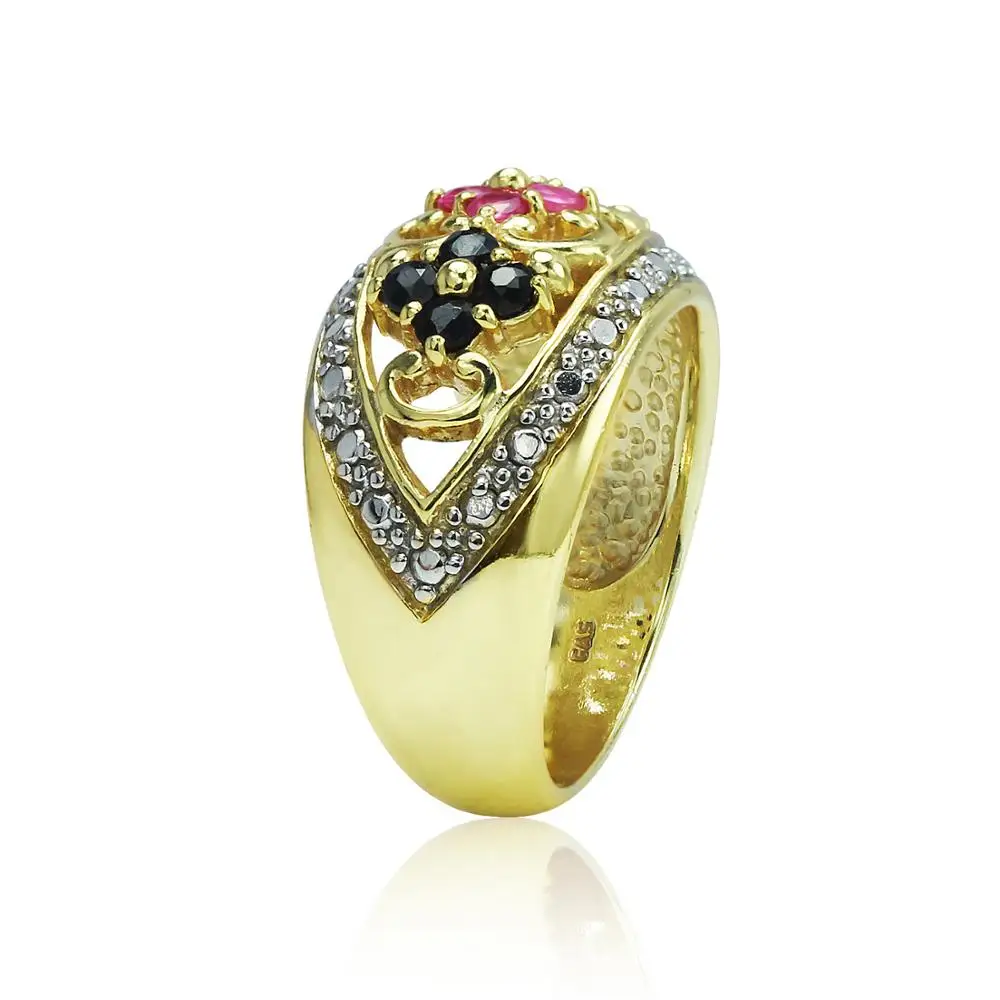 Yellow Gold Flashed Sterling Silver Stunning Natural Emerald Sapphire Ruby Flower Floral Ring
