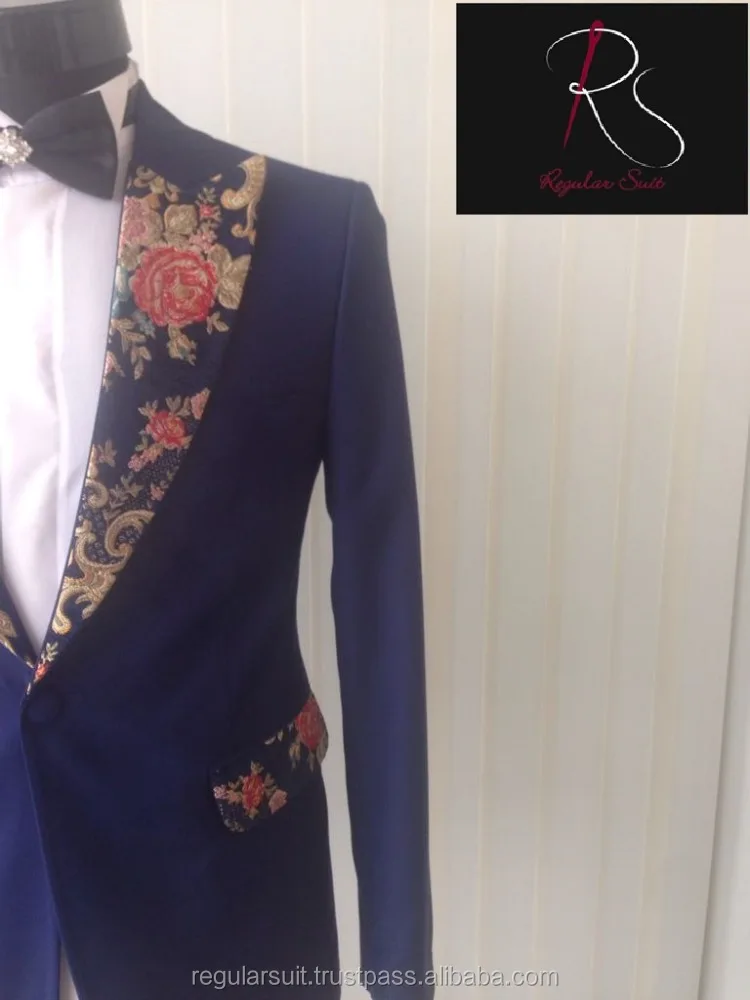 2018 Uniq Patterned Lapel Coat Pant Navy Men Suit