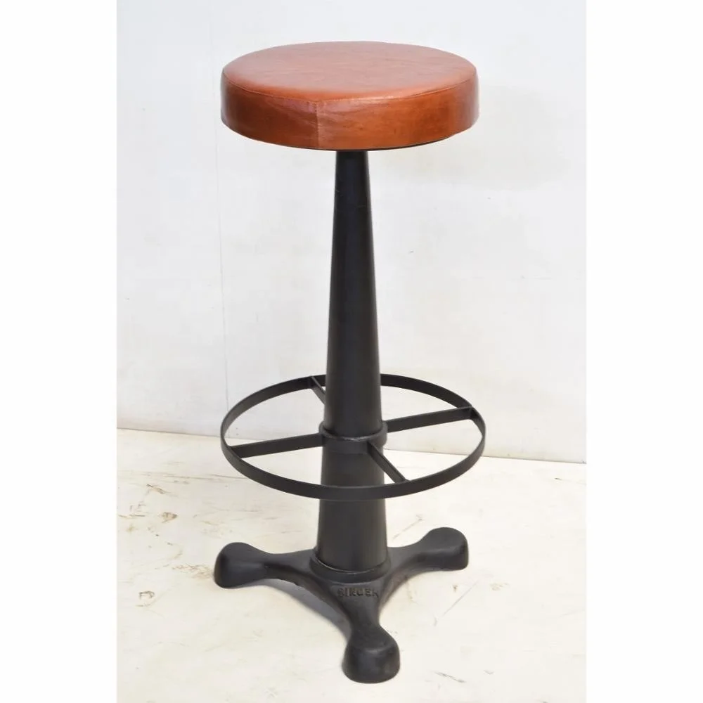 High Quality Industrial Furniture Genuine Leather Seat Cast Iron Base Bar Stool for Home Bar Hotel at Best Price for Living Room