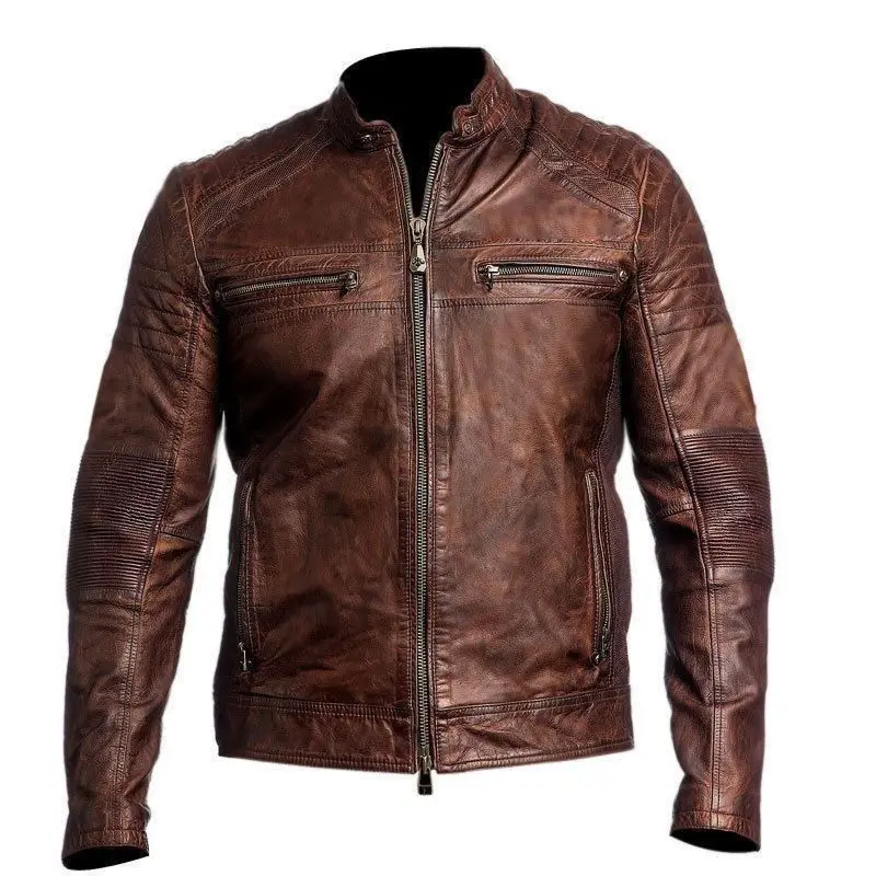 Mens Biker Vintage Motorcycle Distressed Brown Leather Jacket