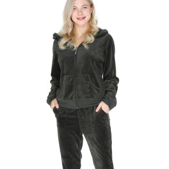 Women Custom Cheap Black Velour Tracksuit Latest Custom Design With Custom Logo Tracksuit Sweatsuit