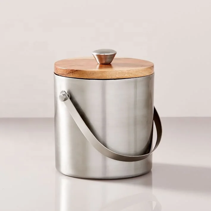 Set of 4 Stainless Steel & Wood Barware Custom Logo Cocktail Shaker & Ice Bucket for Bars & Wine Commercial Use