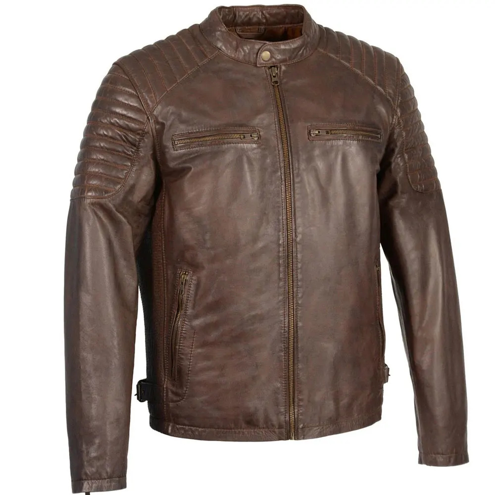 Мужская коричневая кожаная куртка с застежкой на воротнике и стегаными плечами