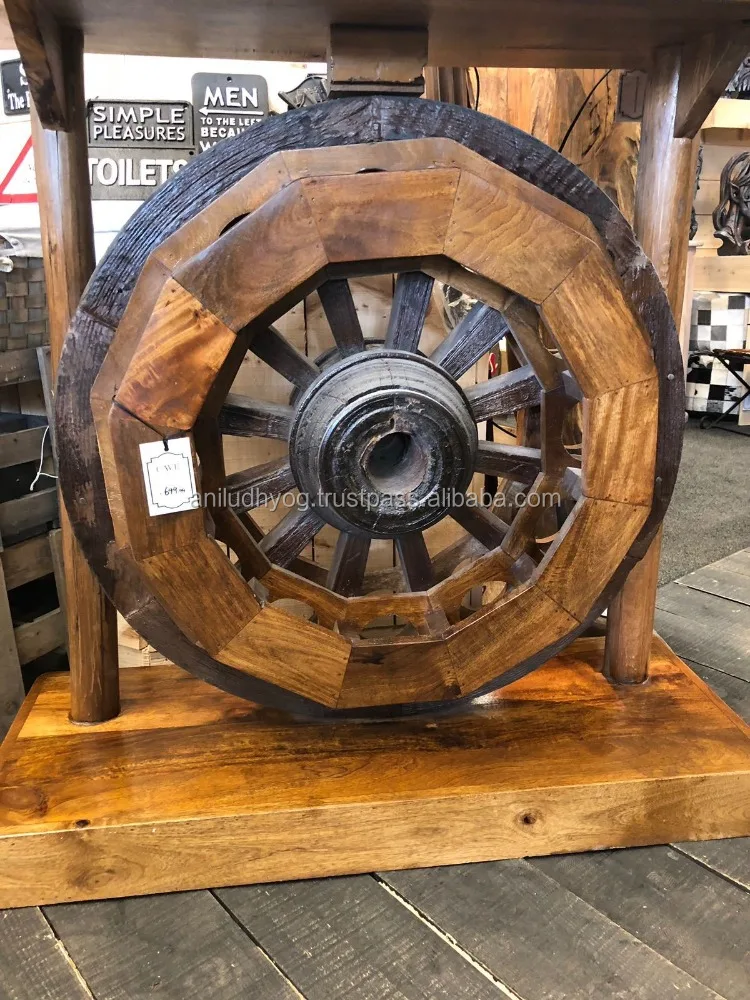 Living room Wooden Cart Wheel console Table