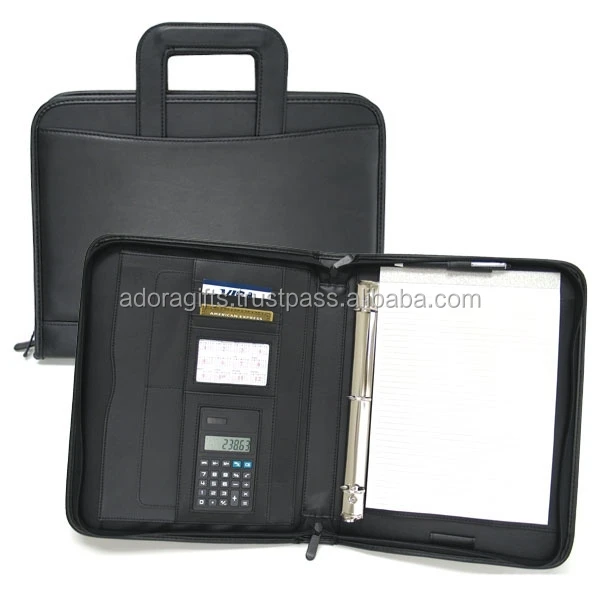 office stationery ring binder / pu leather portfolio with 3 ring binder bag / fancy ring binder with pockets