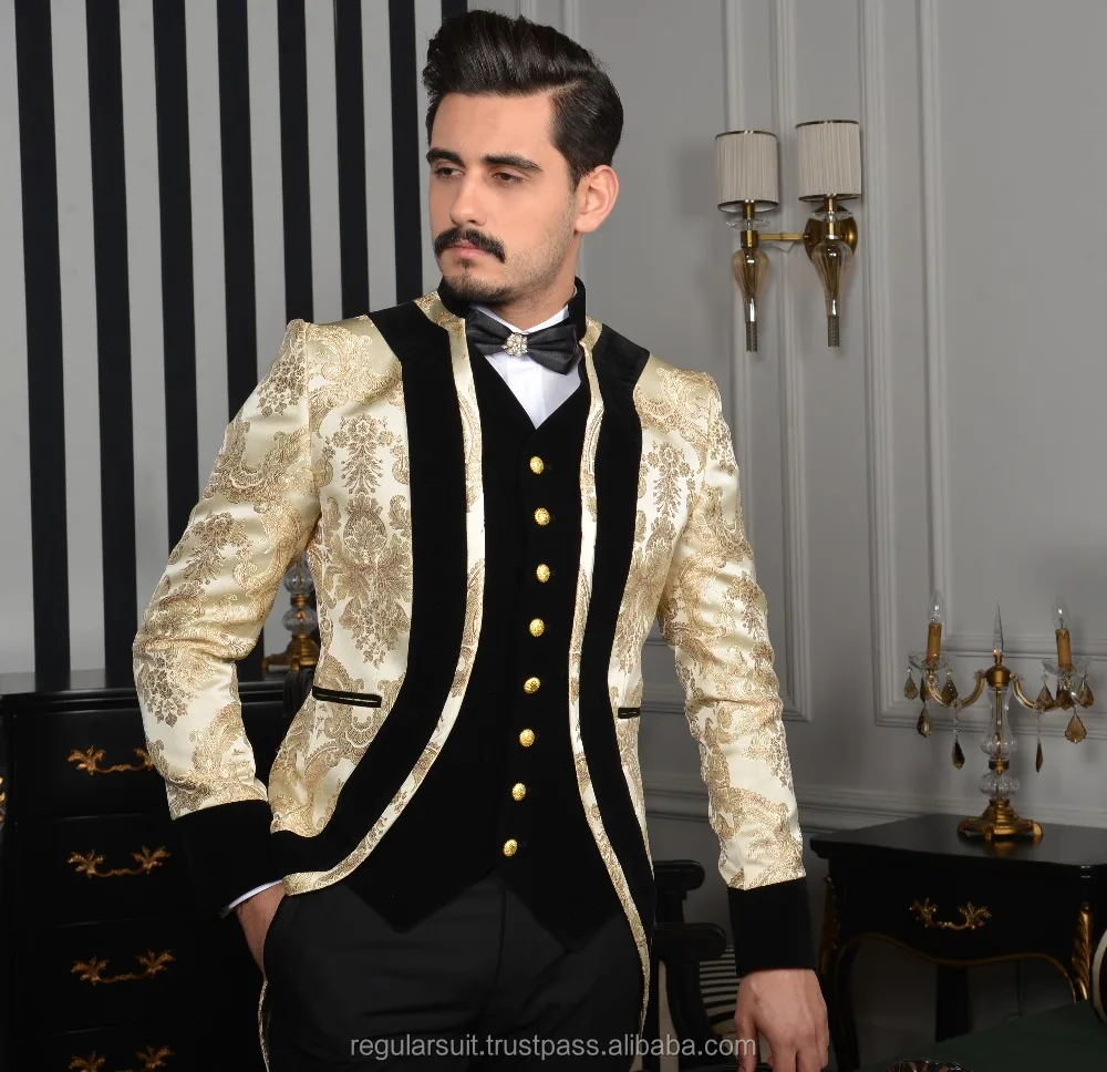 New High Quality Black Gold 3 Piece Men Suit