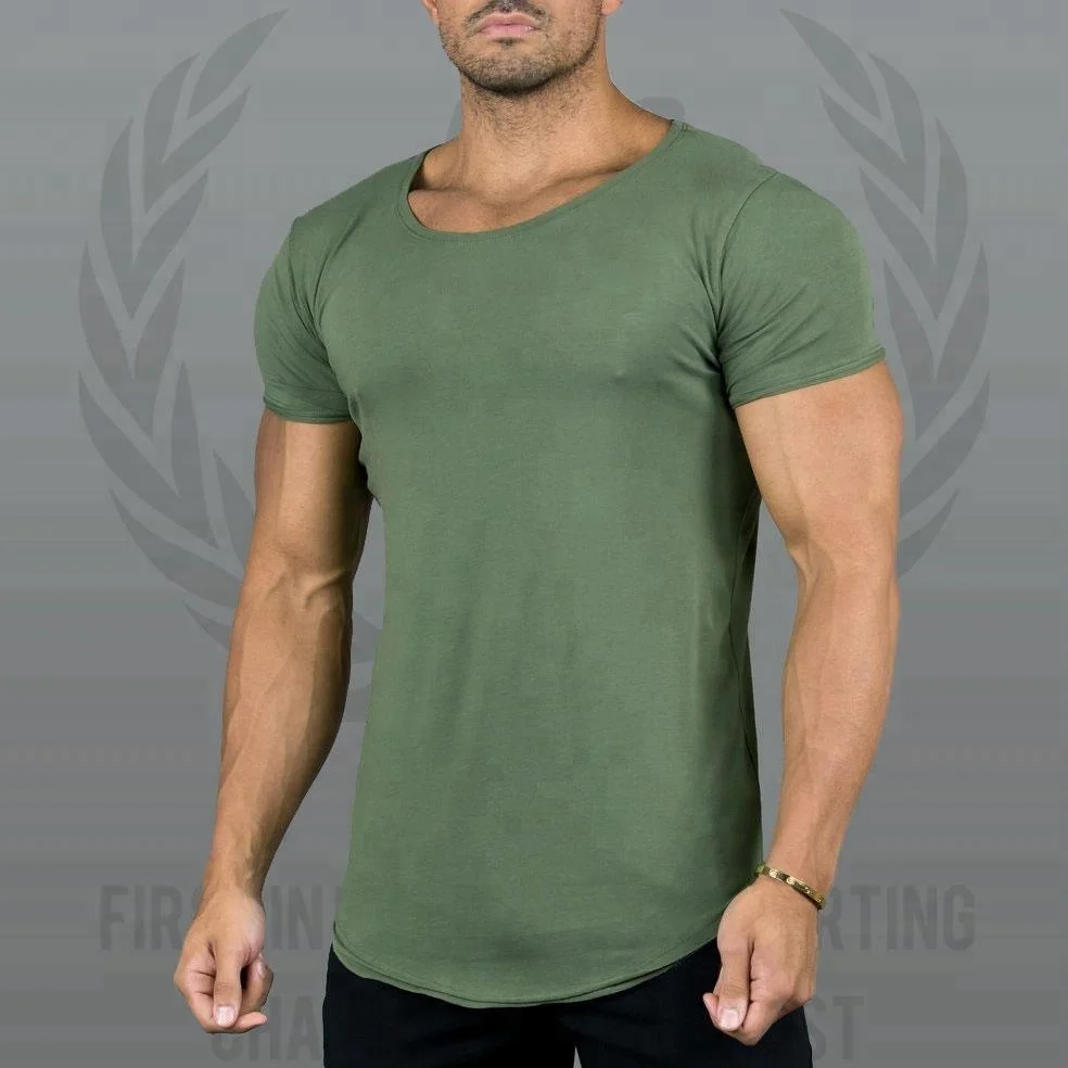 Wholesale Fitness Mens Top/Scoop Neckline Blank Muscle T shirt/Round Hem Mens Plain Slim Fit T-shirt