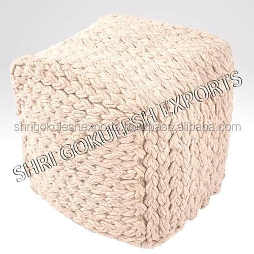 Indian Style Cotton Handwoven Poufs Seating Ottoman Knitted Technics Square Shape Indoor Outdoor Stool