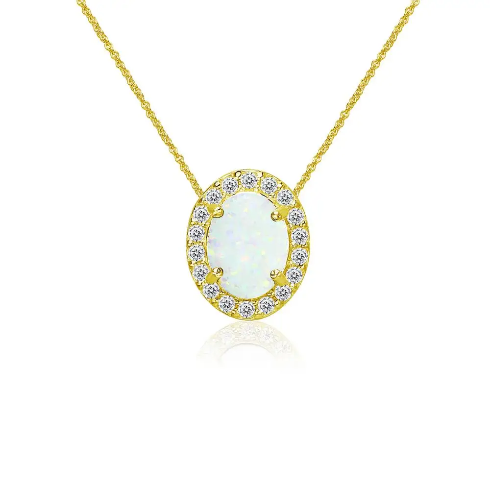 
Yellow Gold Plated 925 Sterling Silver Synthetic Opal with White CZ 18 inch Chain Necklace 