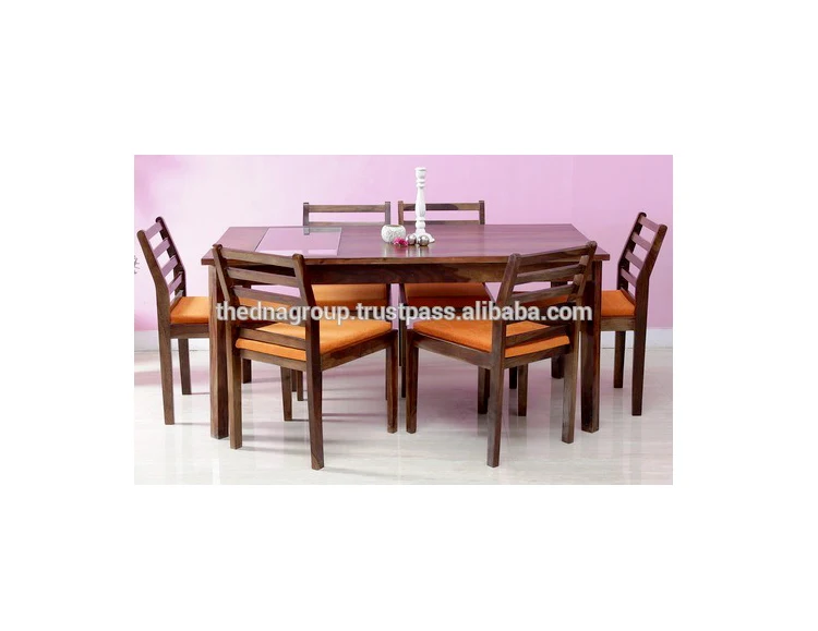 Indian six sitter wooden dining table set with cushion chair
