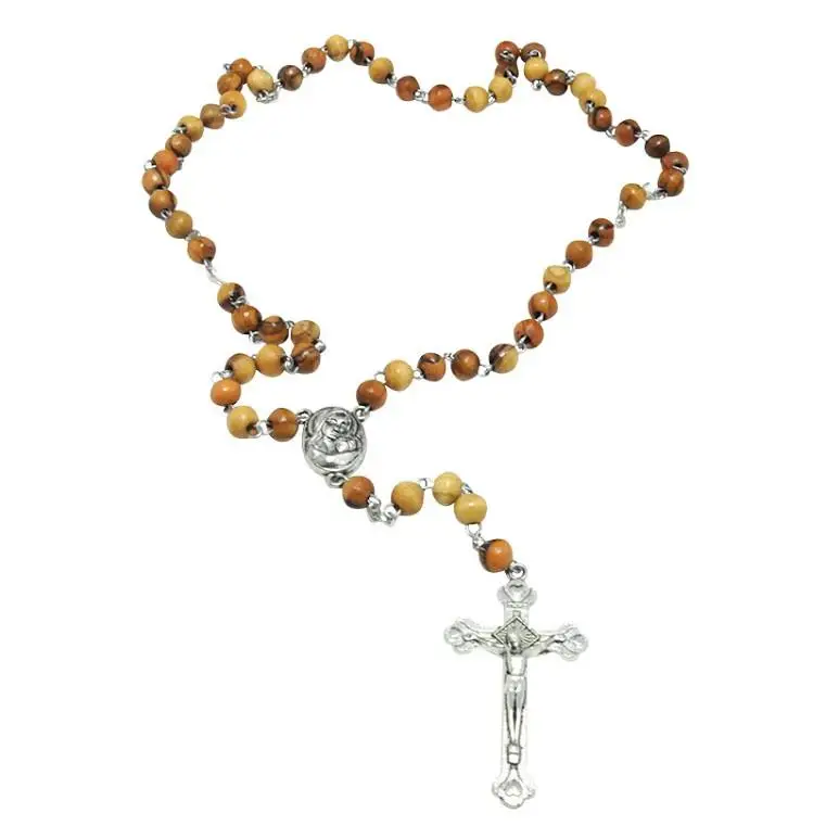 Catholic Prayer Jerusalem Rosary 6*8mm Olive Wood Beads Religious Necklace Holy Soil Medal & Metal Cross