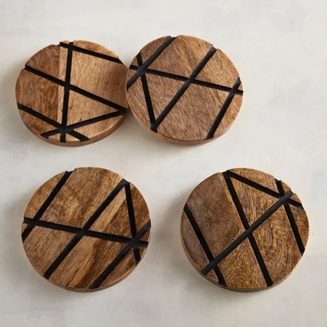 Modern Round Wood Coaster S/4, Wooden Coaster Set/4 With Round shape And Black Stripped Design