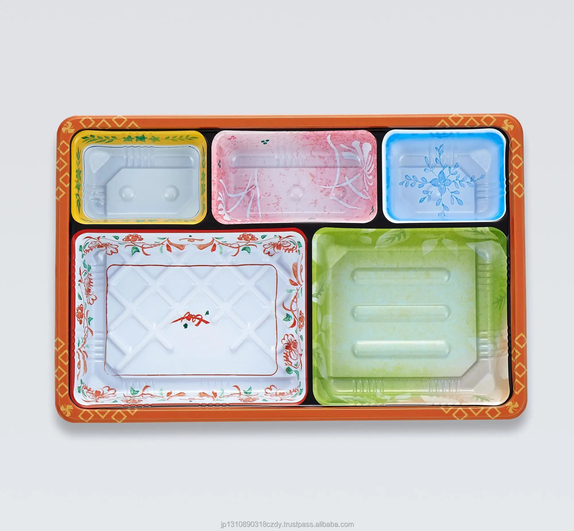 Disposable 5 compartment plastic blister sushi tray with clear lid rectangle 0-1L Japanese style color microwavable ppf takeout