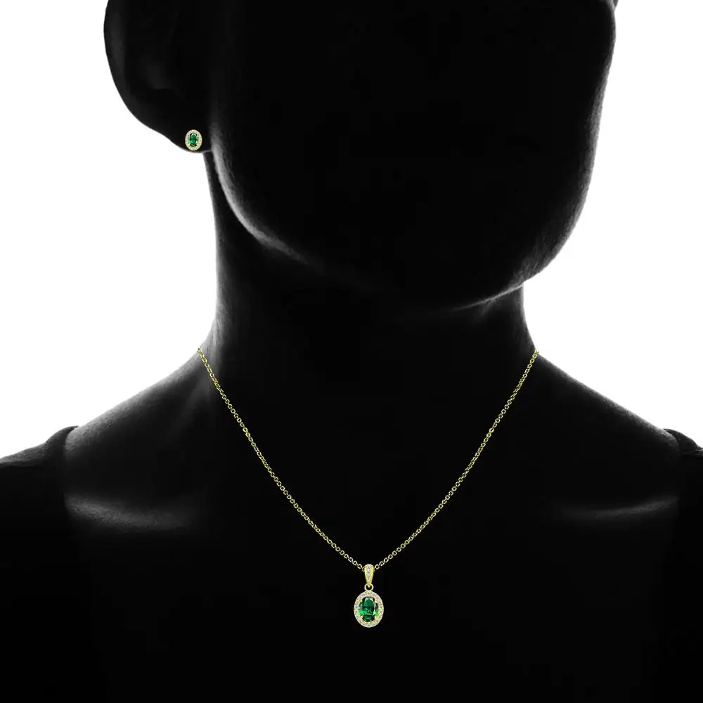 
Yellow Gold Flashed Sterling Silver Lab Created Green Quartz & CZ Oval Halo Necklace & Stud Earrings Set with CZ Accents 