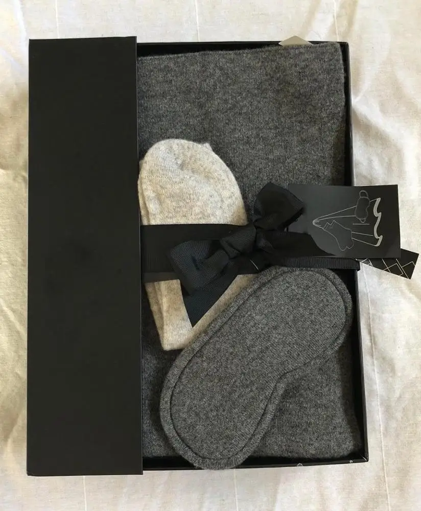 High quality wholesale popular cozy cashmere travel gift set with throw blanket eye mask socks