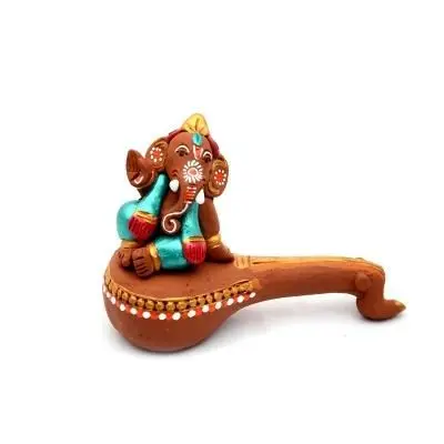 
Indian Traditional and Modern art Hand Painted Clay Red Antique Veena Religious Ganesha Statue 