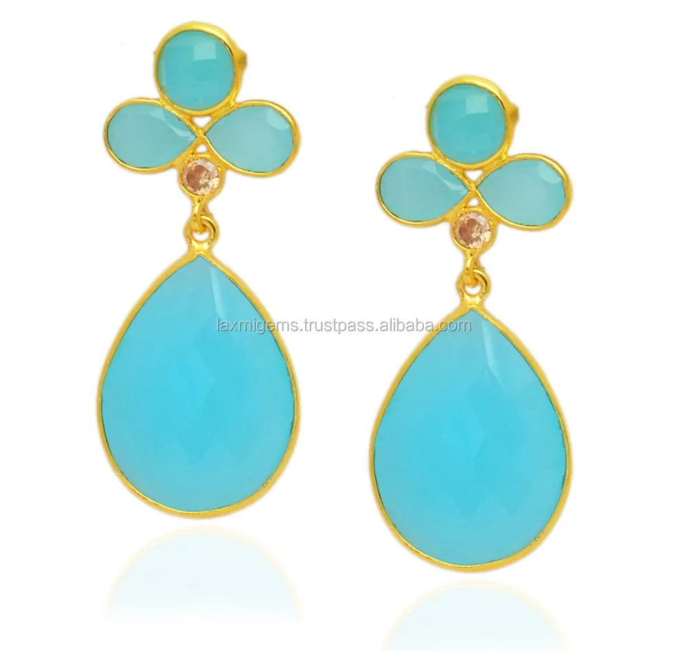 Wholesale Silver Jewelry Sitapura Jaipur Blue Chalcedony Gemstone 925 Sterling Silver Earrings