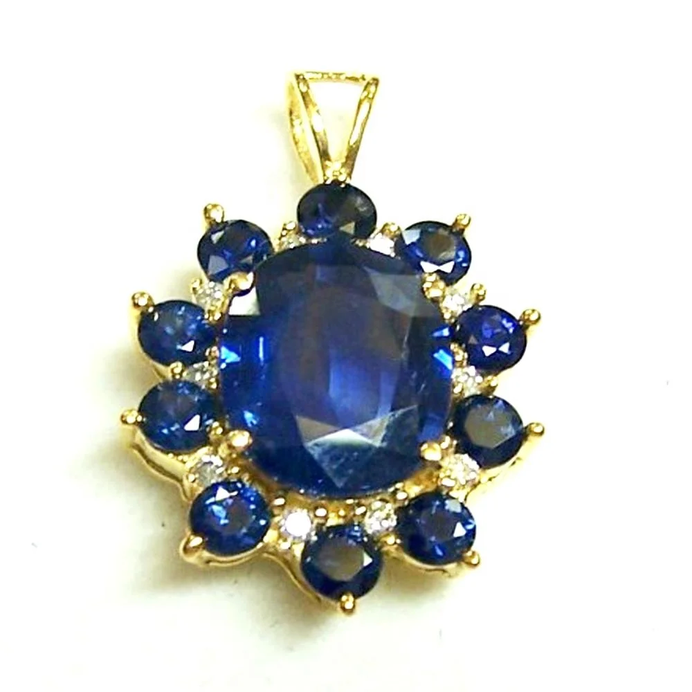 Highest Selling Wholesale Indian Natural Blue Sapphire 14K Yellow Gold Gemstone Diamond Pendant
