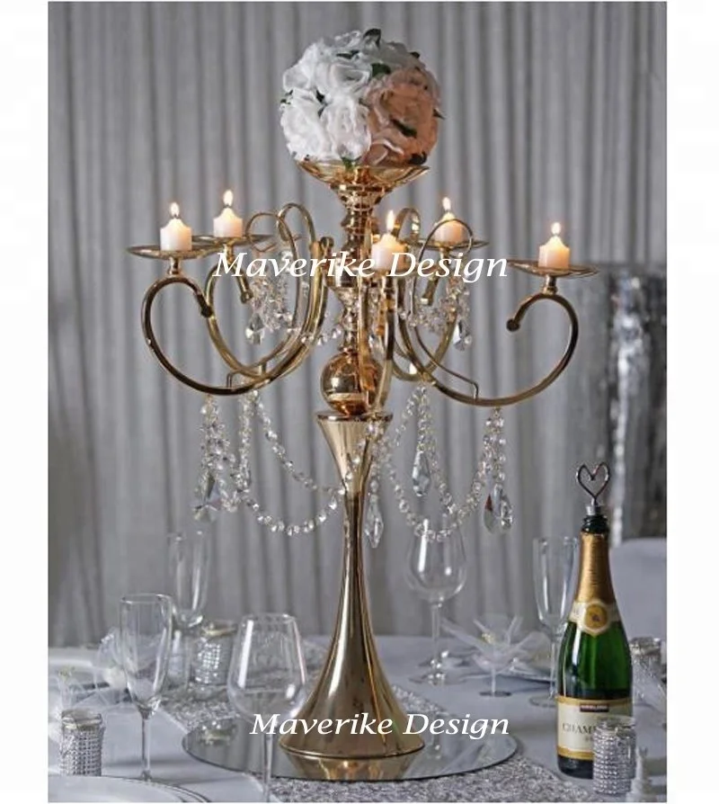Latest 2024 Tall Gold 5 Arm Shiny Metal Candelabra Chandelier Votive Candle Holder Wedding Decoration Centerpiece