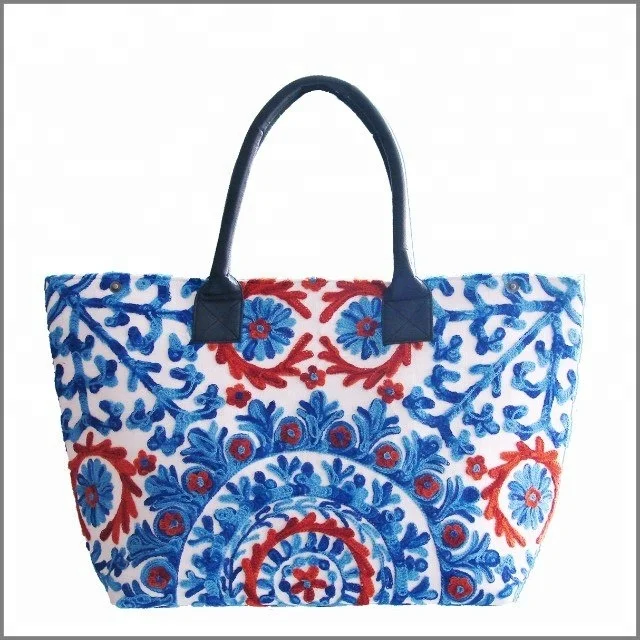 Large size cotton canvas suzani embroidered bohemian weekend  Indian bucket leather handle  beach bag.
