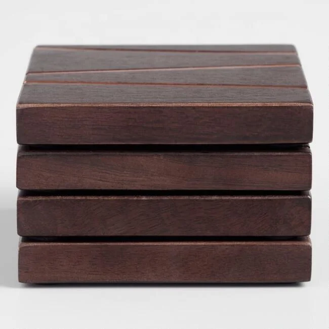 Modern Wood Square Coaster S/4, Wooden Coaster Set/4 With Square Shape And Metal Stripped Inlay Design