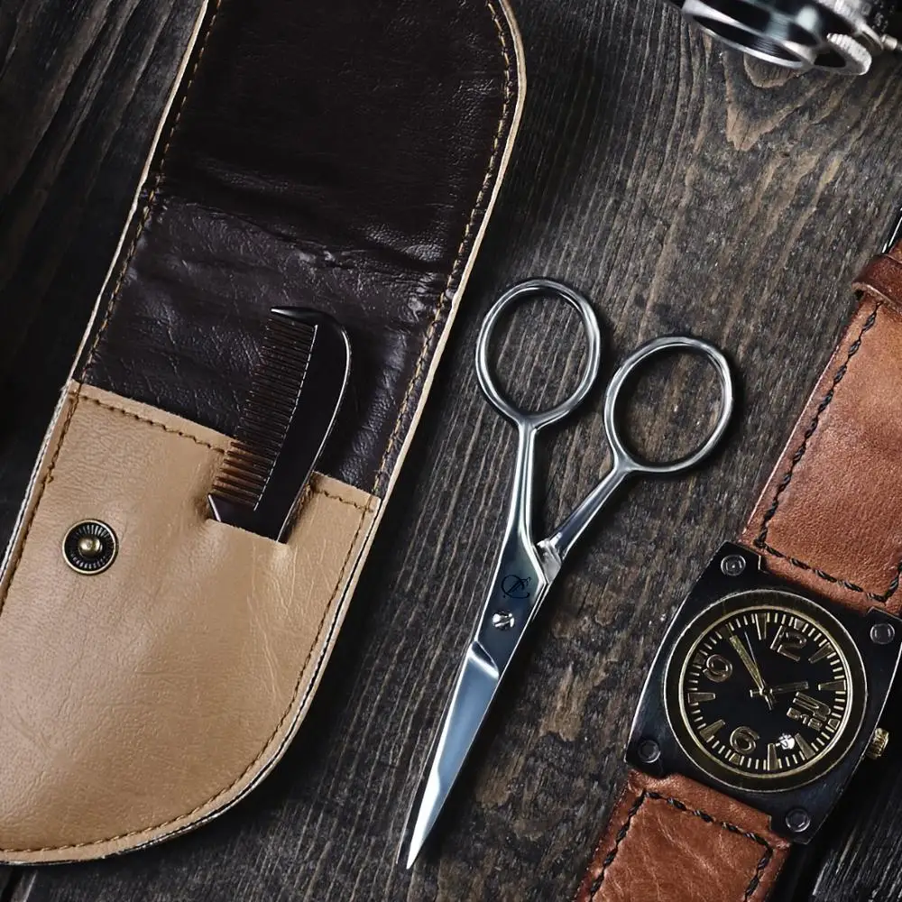 Amazon hot selling Black Beard Kit private label Men Beard Scissors with Comb and Leather Pouch Facial hair Scissor