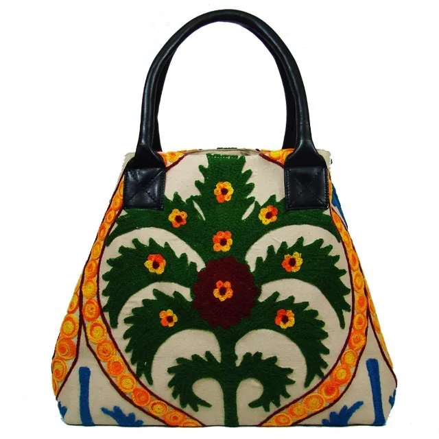 Large size cotton canvas suzani embroidered bohemian weekend  Indian bucket leather handle  beach bag.