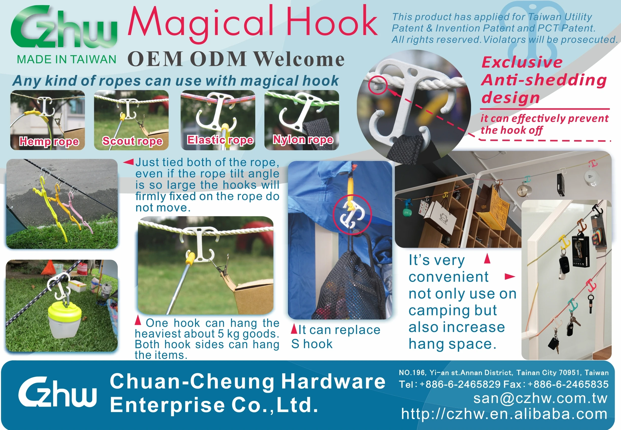 Hassle free to hanging up any things , All kinds of rope can use with Magic Hook and very  stable. camping hook outdoor product