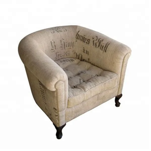 Vintage & Industrial solid wood & printed canvas fabric half round single seater Tub sofa