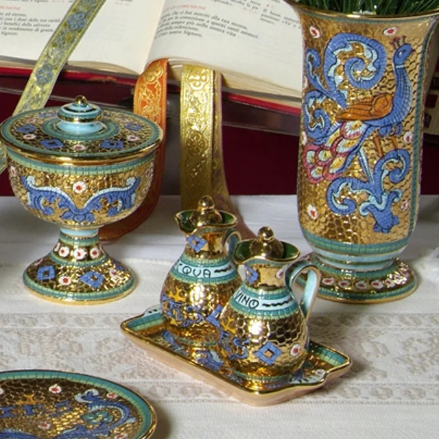 Ceramic church cruet set hand painted with pure gold hand made in Italy mosaic design catholic item