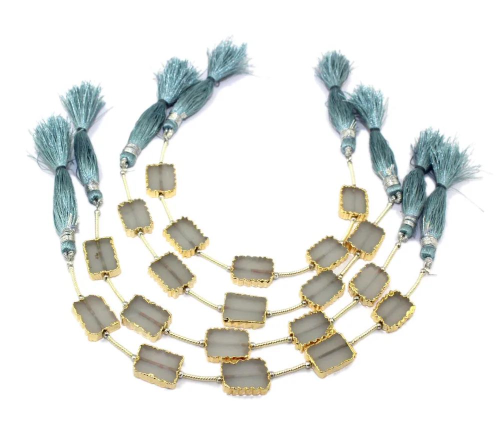 Natural white chalcedony 13-15mm rectangle flat slab brass gold electroplated drilled gemstone flat briolette square beads