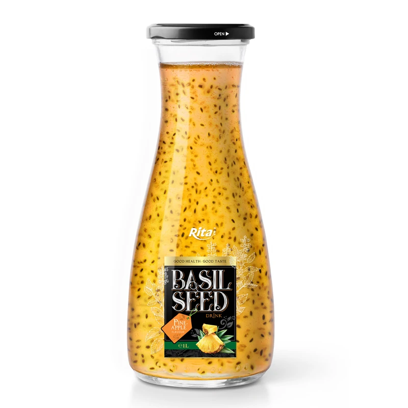 Sweet 1L Glass bottle Mix Fruit Flavor Basil Seed Drink Supplier Private Label Add Water Jus Cool Seed Beverage