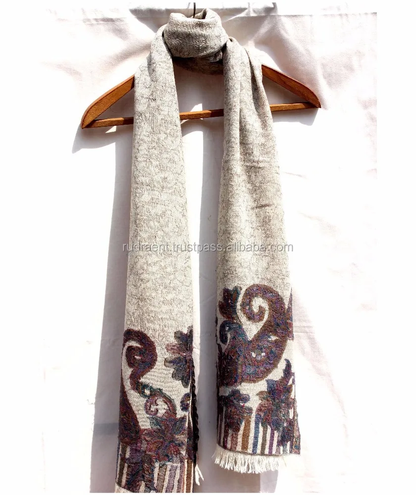 Handicraft Soft Lambswool Beige Shawl Stole Scarf for Her Exquisite Handwoven Indian Hand Embroidered Outdoor, Party 26'X 80'