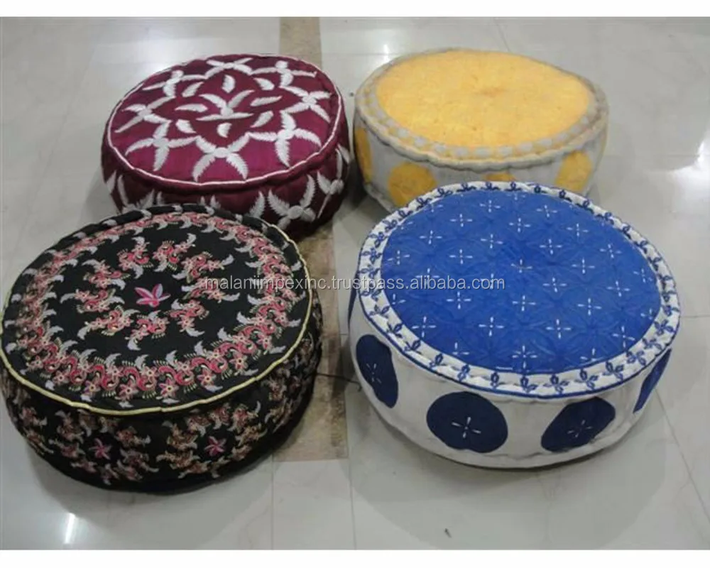 New Arrivals Fair Trade Affordable Suzani Design Embroidered Cotton Poufs Living Room Pouffe Floor Ottoman
