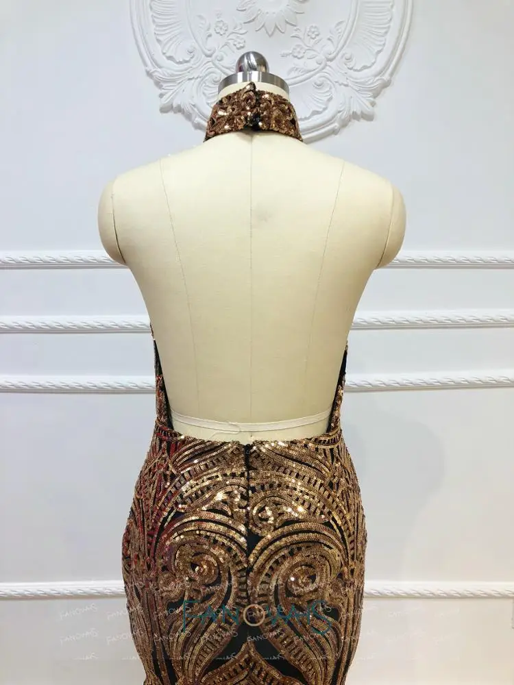 Ruolai OEV-L4162 Luxury Black and gold Sequin Halter Bling Bling Special Occasions Prom Dresses