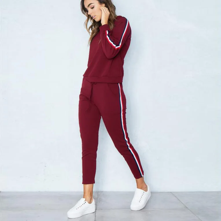 Women Fleece Tracksuit Custom Logo Long Sleeve Striped Fleece Sport Women Tracksuit