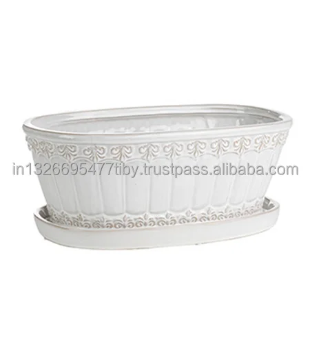 Metal Sheet Planter With White Powder Coating Finishing Embossed Design Oval Shape Genuine Quality For Garden Decoration