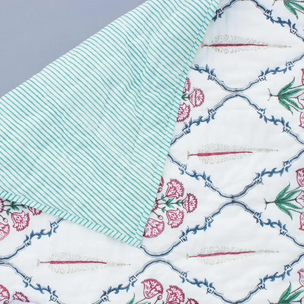 Cotton soft red printed  hand block print boho Jaipuri Rajai double bedspread quilt