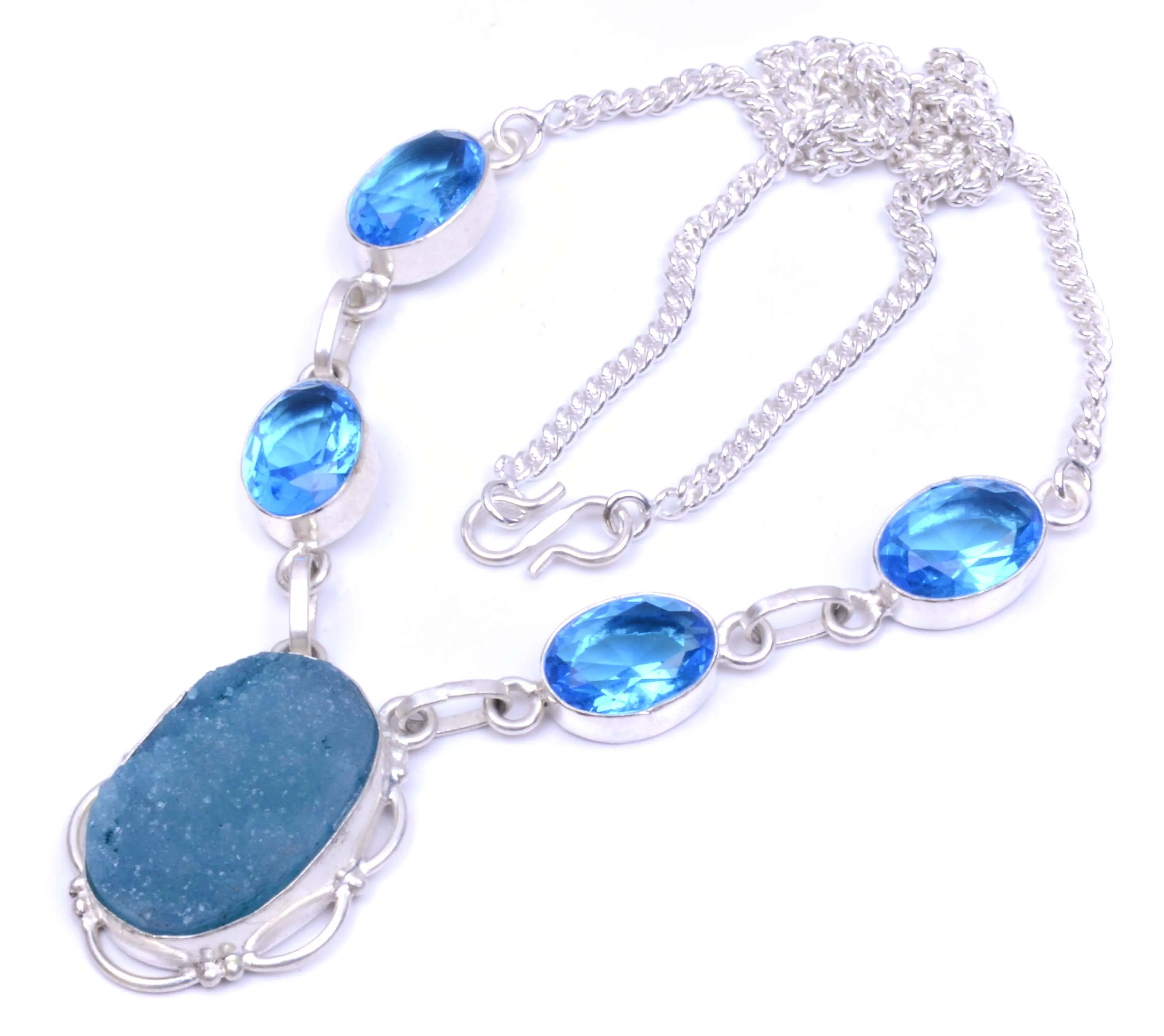 
latest design new year silver plated titanium druzy & blue topaz quartz gemstone handmade fashion jewelry necklace 