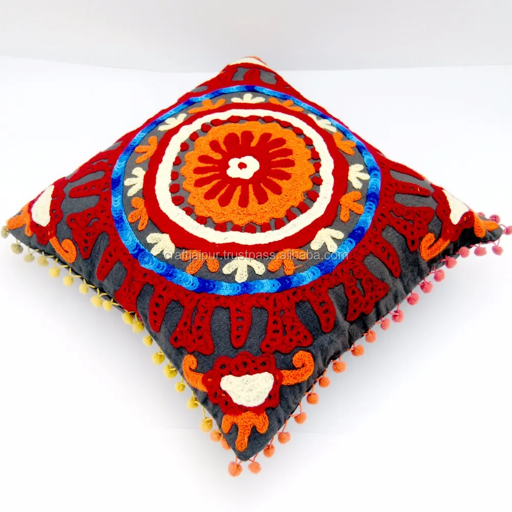 Beautiful Indian Suzani Embroidery Cotton Cushion Cover Decorative Home For Sofa Gray Handmade Throw Pillow Cases Wholesale