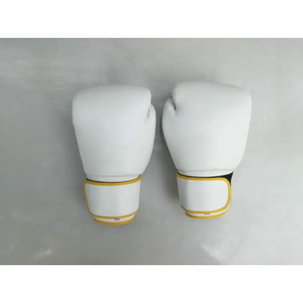 Genuine White Leather Boxing Gloves Hand-Made Mold with Hook and Loop Wrist Strap Closure Layers