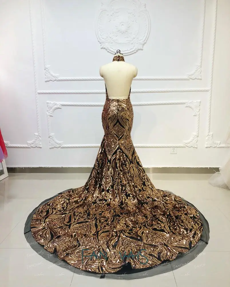 Ruolai OEV-L4162 Luxury Black and gold Sequin Halter Bling Bling Special Occasions Prom Dresses