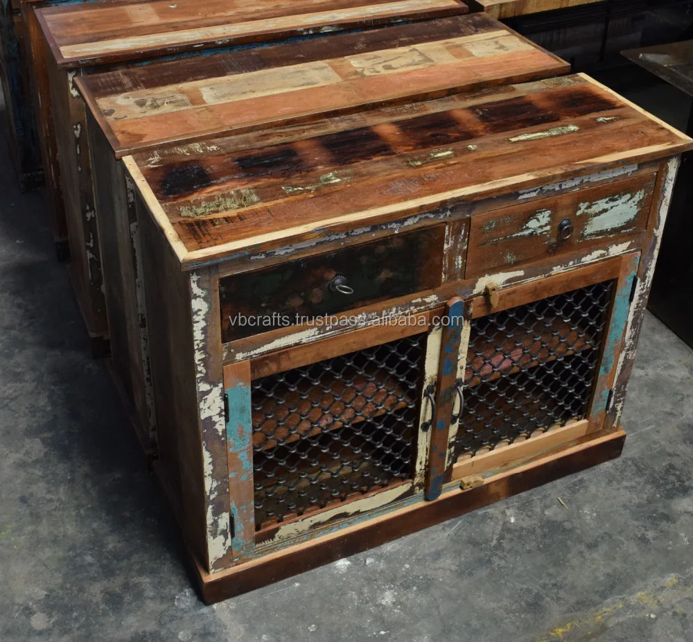 Iron Jali Door Indian Antique Recycled Old Wood Ethnic Style Storage Display Kitchen Office Home Living Room Cabinet Sideboard